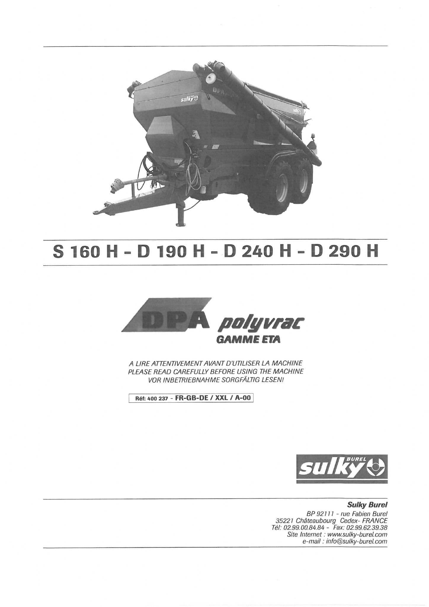Sulky Fertiliser Spreader S160H D190H D240H D290H DPA Polyvrac Operators Manual
