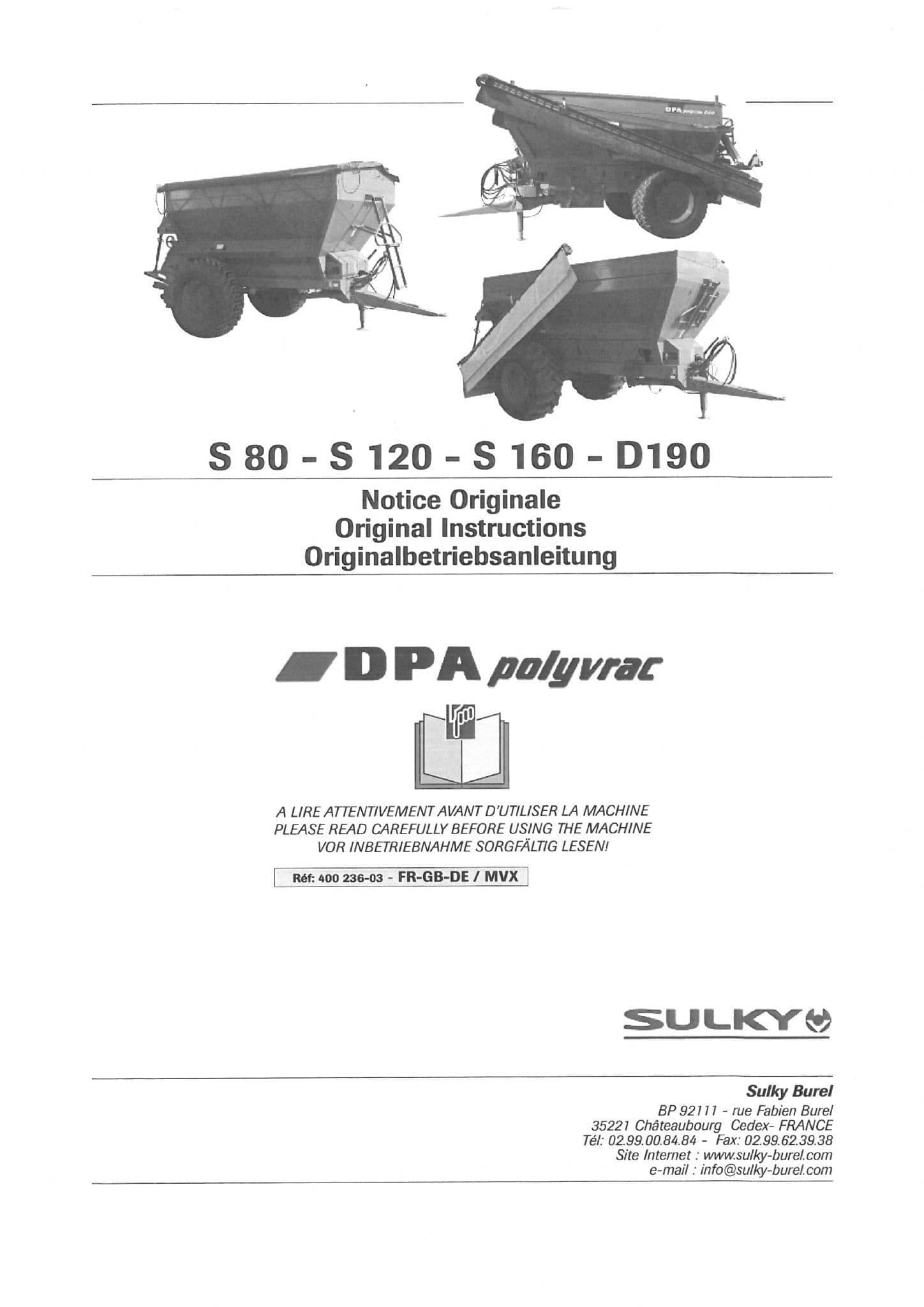 Sulky Fertiliser Spreader S80 S120 S160 D190 DPA Polyvrac Operators Manual