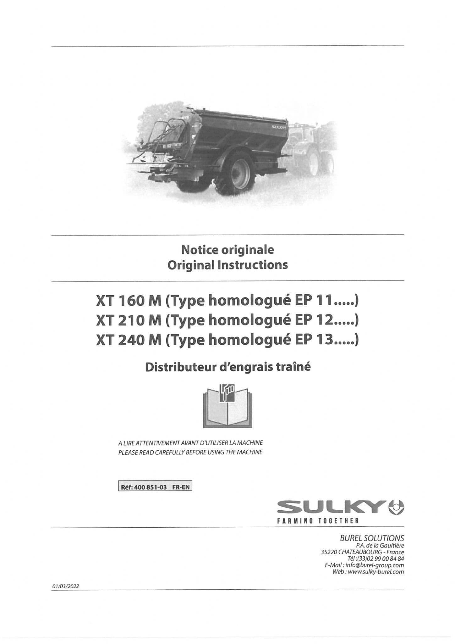 Sulky Fertiliser Spreader XT160M XT210M XT240M Operators Manual