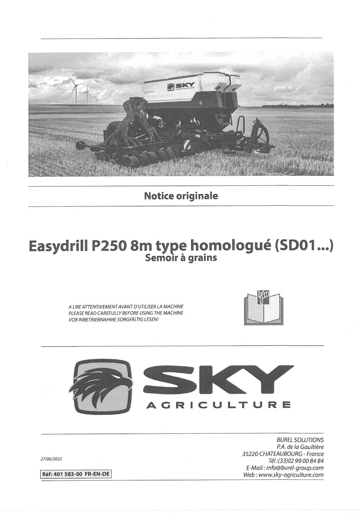 Sulky Sky Agricultural Seed Drill Easy Drill P250 8M Operators Manual