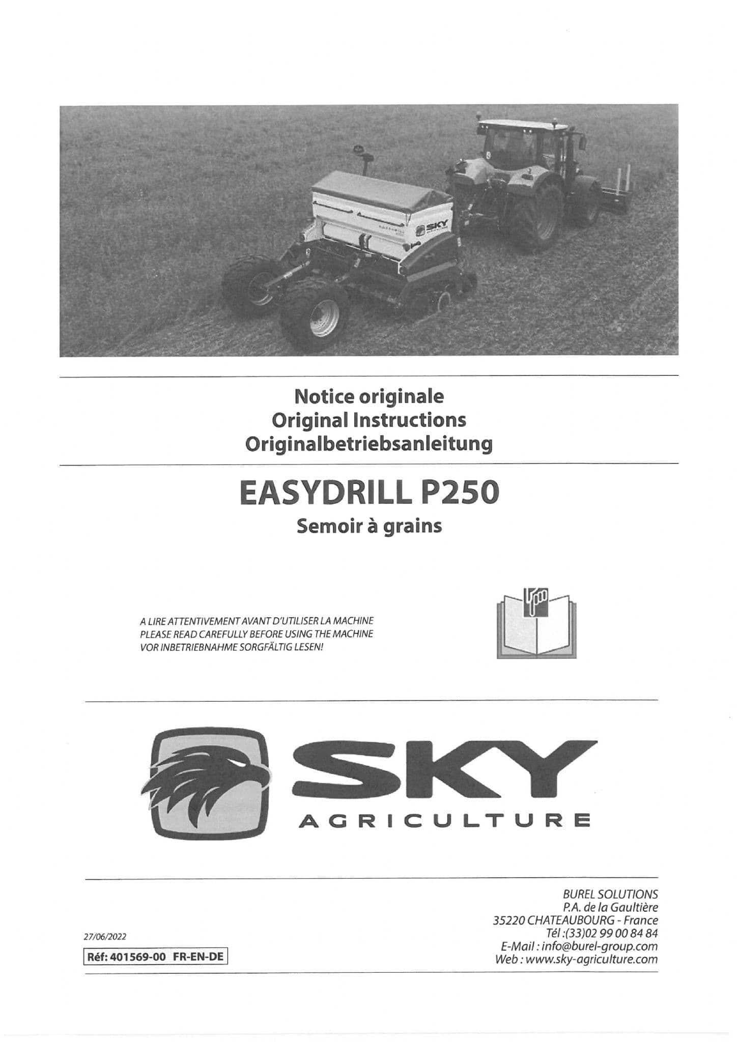 Sulky Sky Agricultural Seed Drill Easy Drill P250 Operators Manual