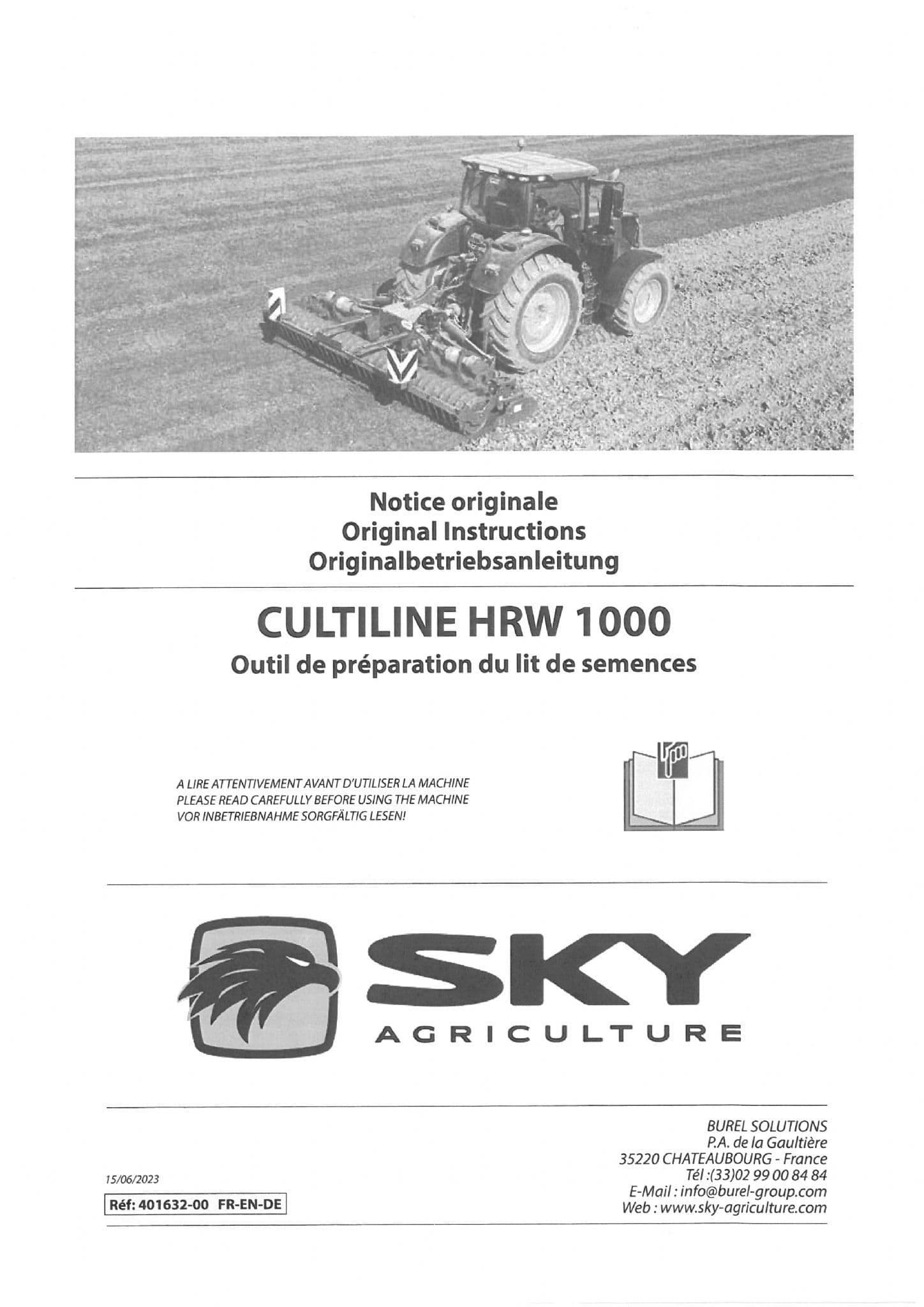 Sulky Sky Agricultural Soil Seed Bed Preparation Roller Cultline HRW1000 Operators Manual