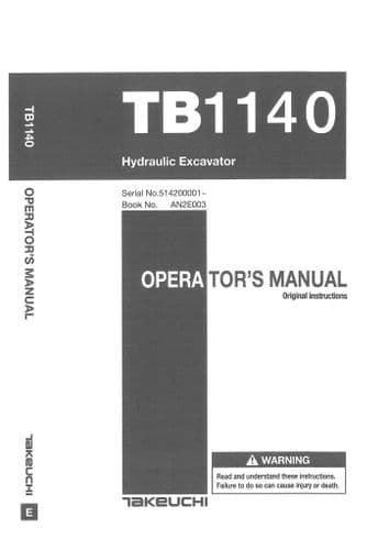 Takeuchi Hydraulic Excavator TB1140 Operators Manual