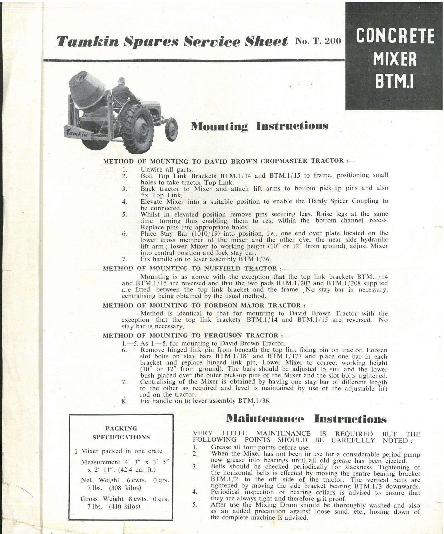 Tamkin Concrete Mixer Operators Manual & Spare Parts List