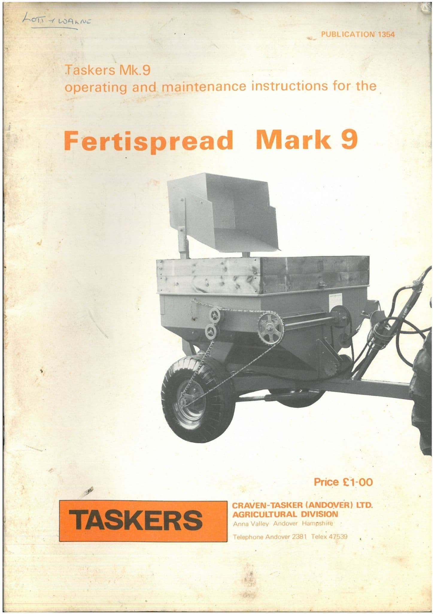Taskers Fertispread MK 9 Operators Manual with Parts List Mark 9