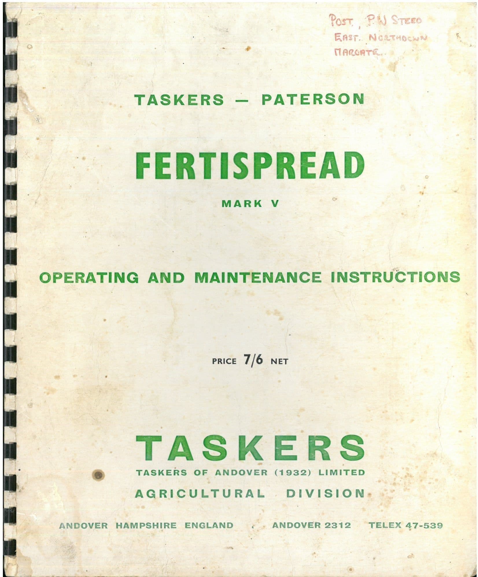 Taskers Paterson Fertispread Mark 5 Operators Manual with Parts List - Fertispread Mark 5