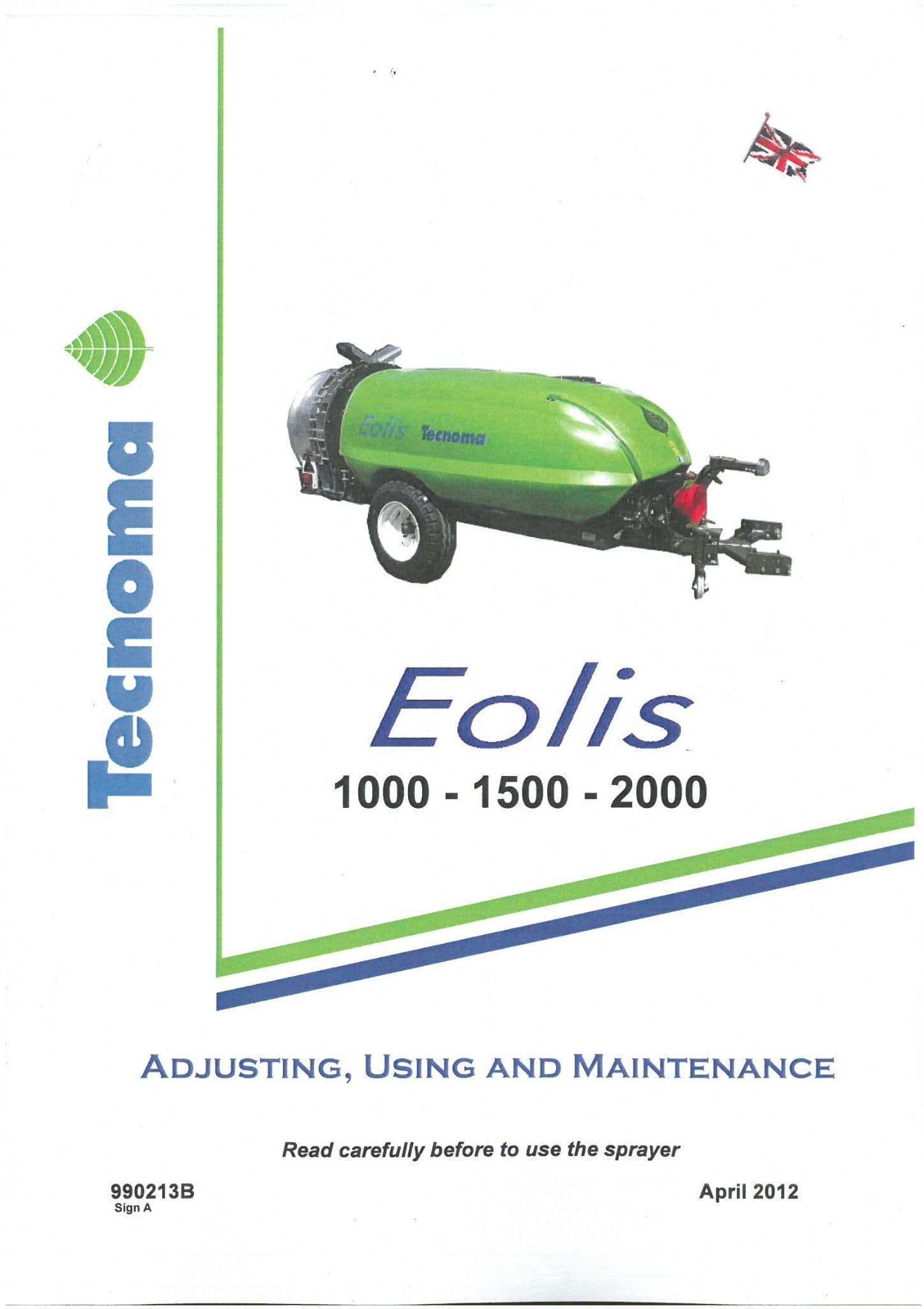 Tecnoma Eolis 1000 1500 2000  Sprayer Operators Manual and Parts List