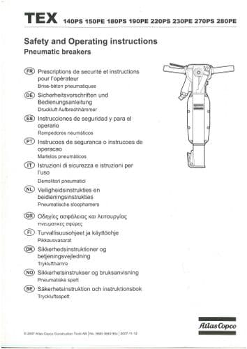 TEX Pneumatic Breakers 140PS 150PE 180PS 190PS 220PS 230PE 270PS 280PE Operators Manual