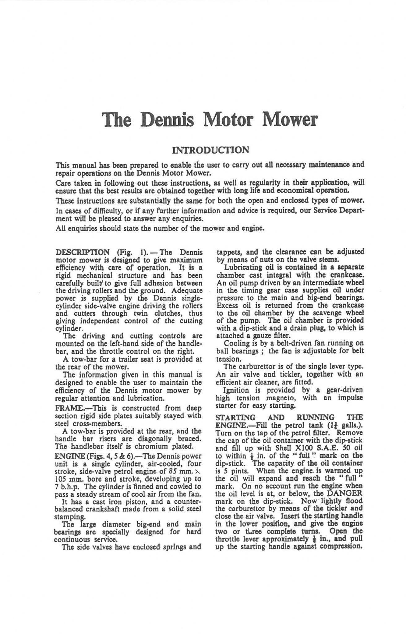 The Dennis Z Type Motor Mower Operators Manual