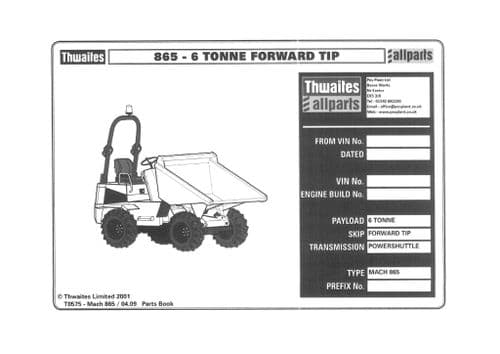 Thwaites Dumper Forward Tip 865-6 Tonne Parts Manual