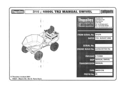 Thwaites Tipper Truck 316 - 4000L TR2 Mach 316 Parts Manual