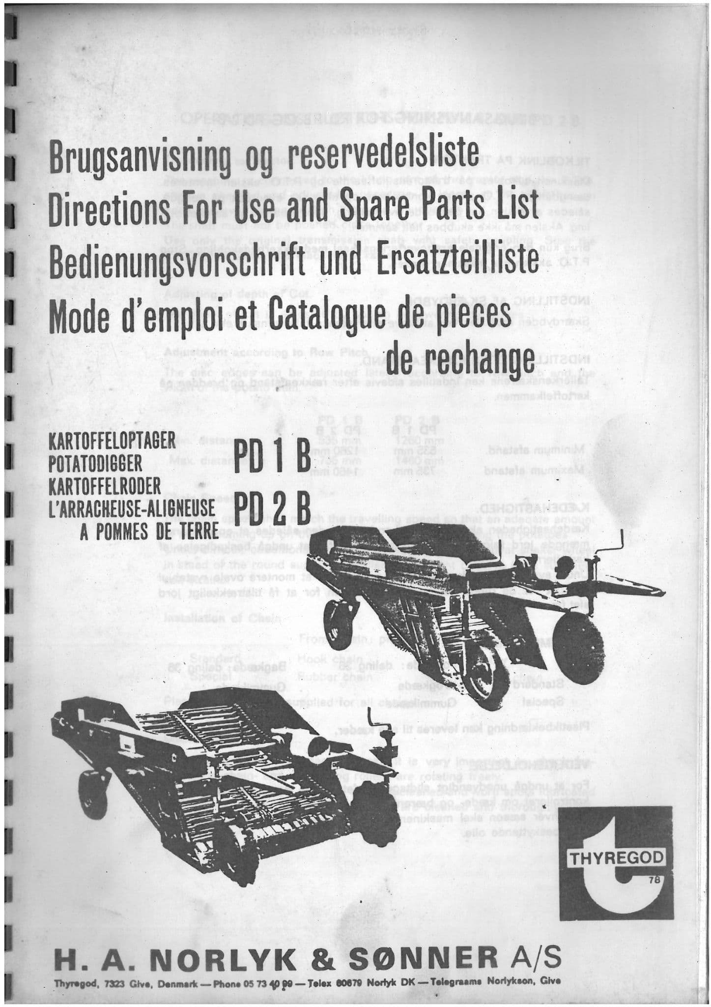 Thyregod Potato Digger PD1B & PD2B Operators Manual with Parts List