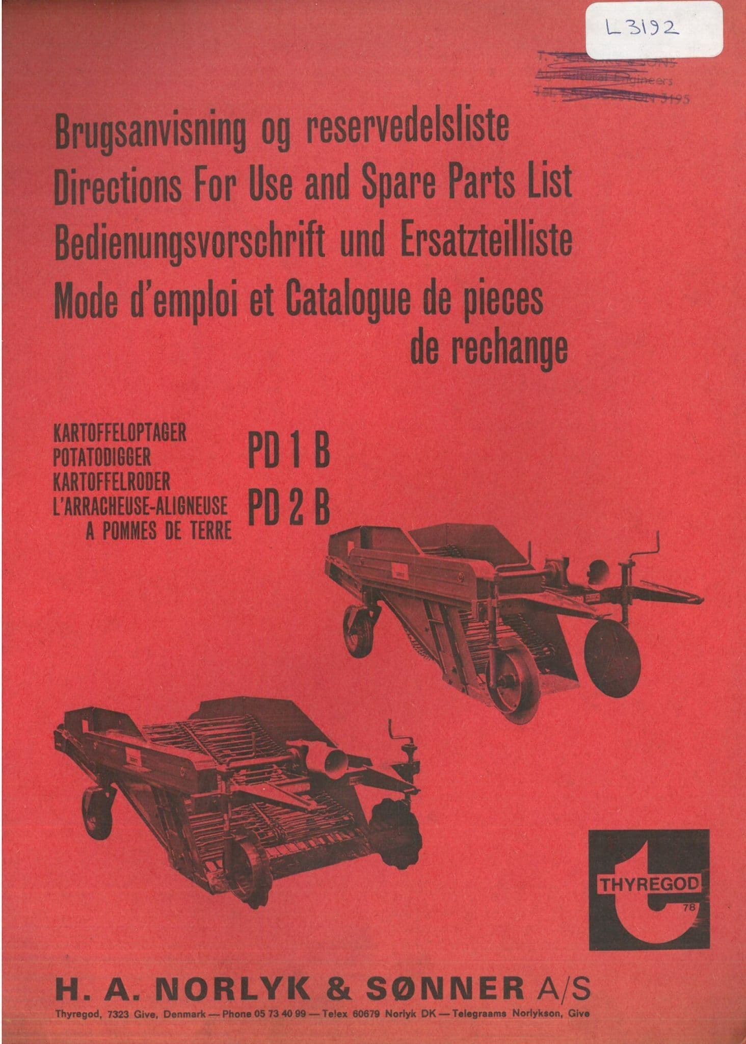 Thyregod Potato Digger PD1B & PD2B Operators Manual with Parts List -  PD1B PD2B