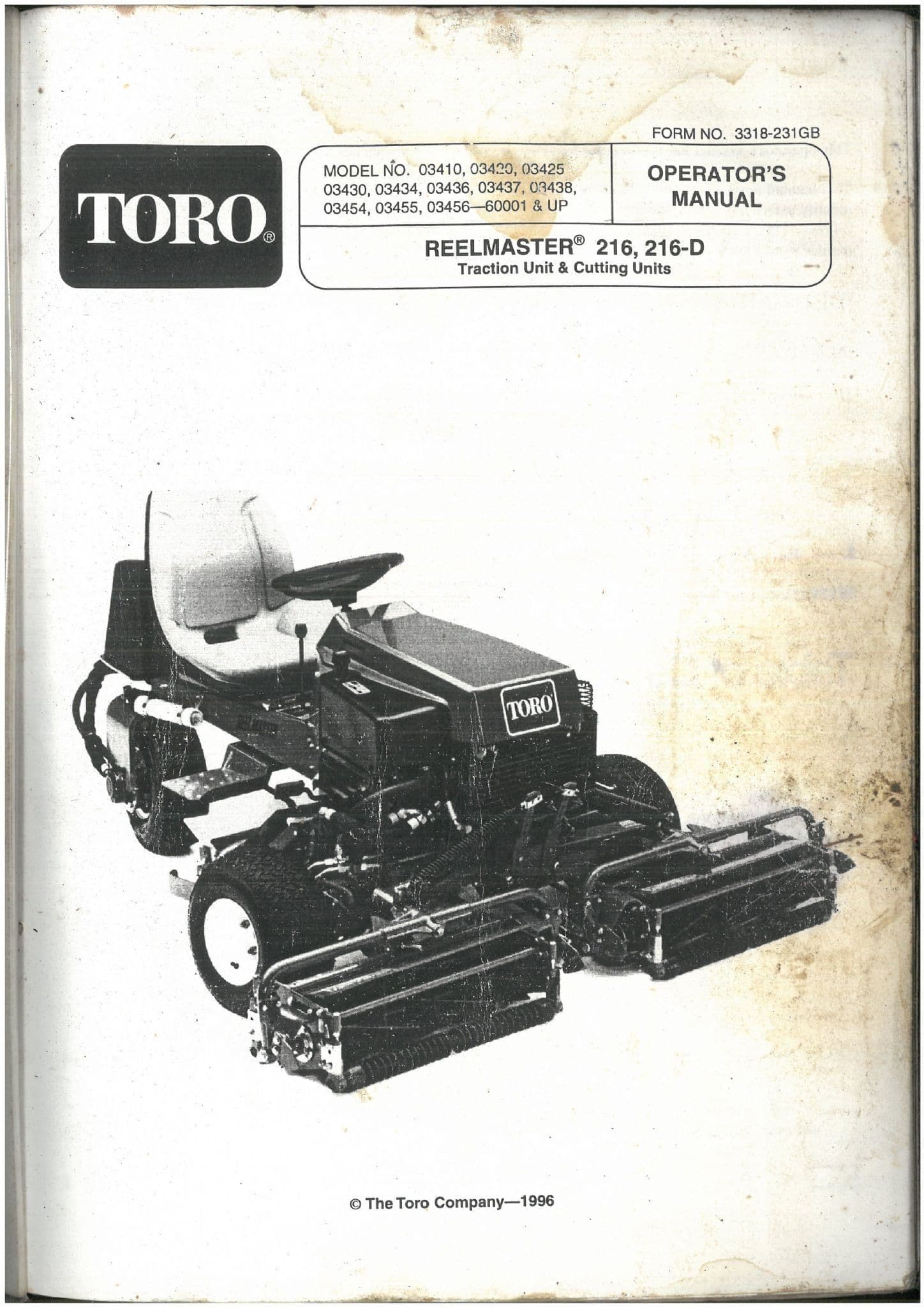 Toro Mower Reelmaster 216 &216D Operators Manual