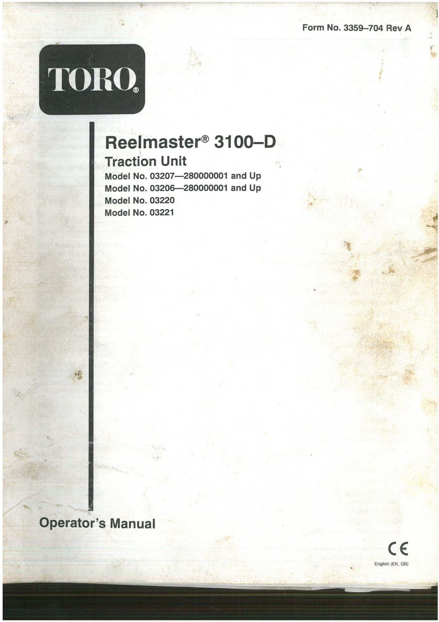 Toro Mower Reelmaster 3100-D Operators Manual 3100D