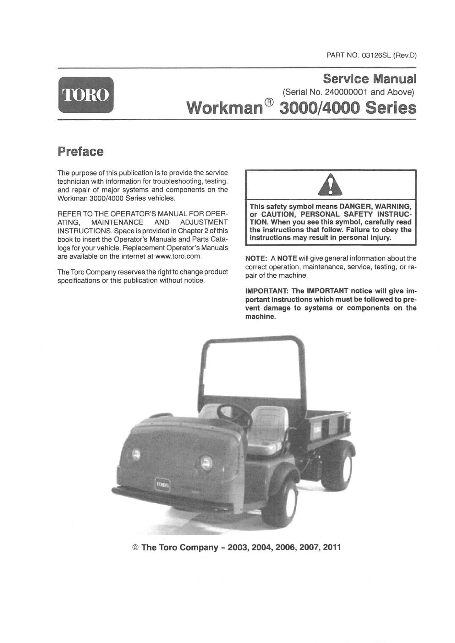 Toro Workman 3000 & 4000 Workshop Service Manual