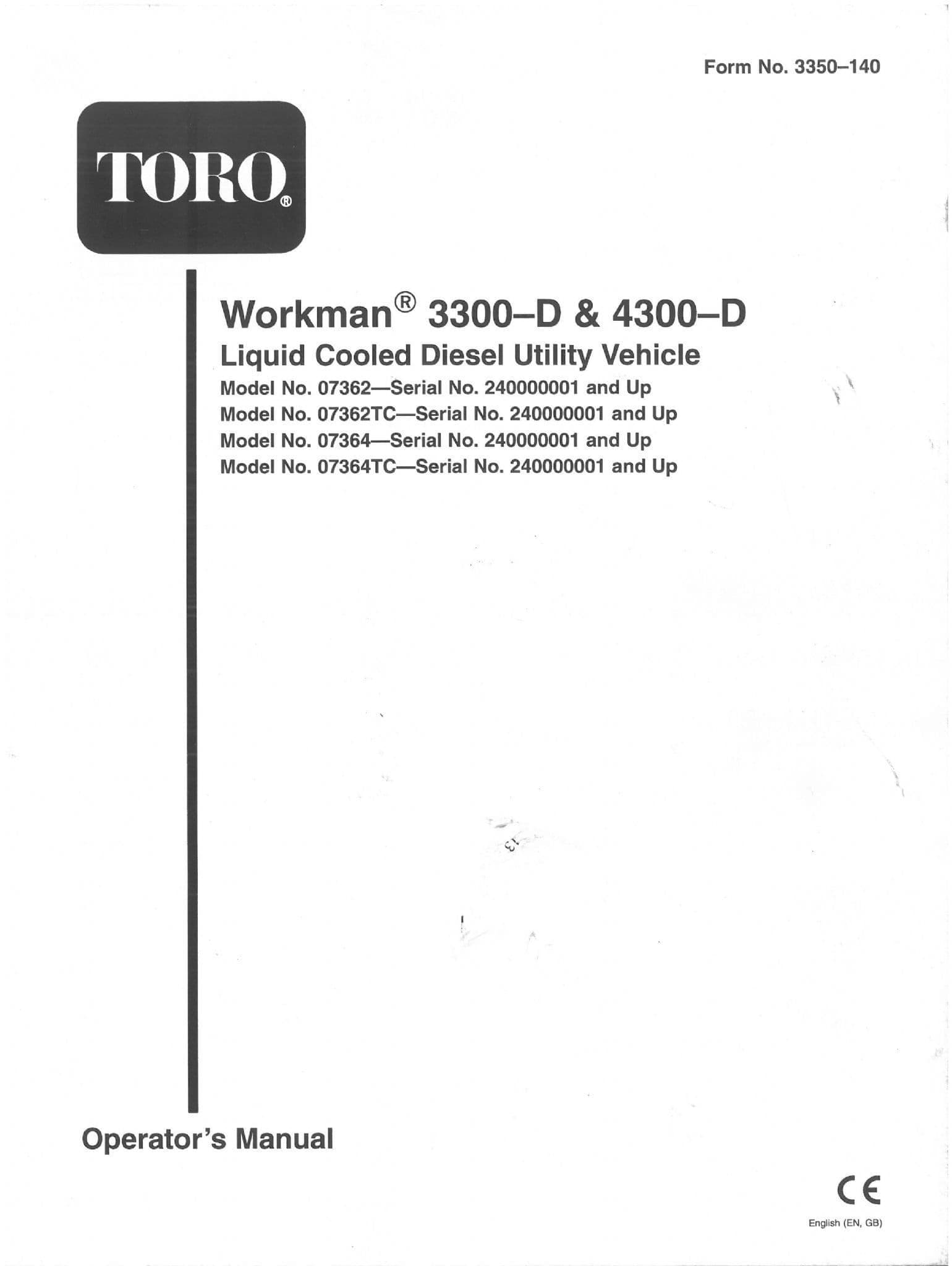 Toro Workman 3300-D & 4300-D Liquid Cooled Diesel Utility Vehicle Operators Manual