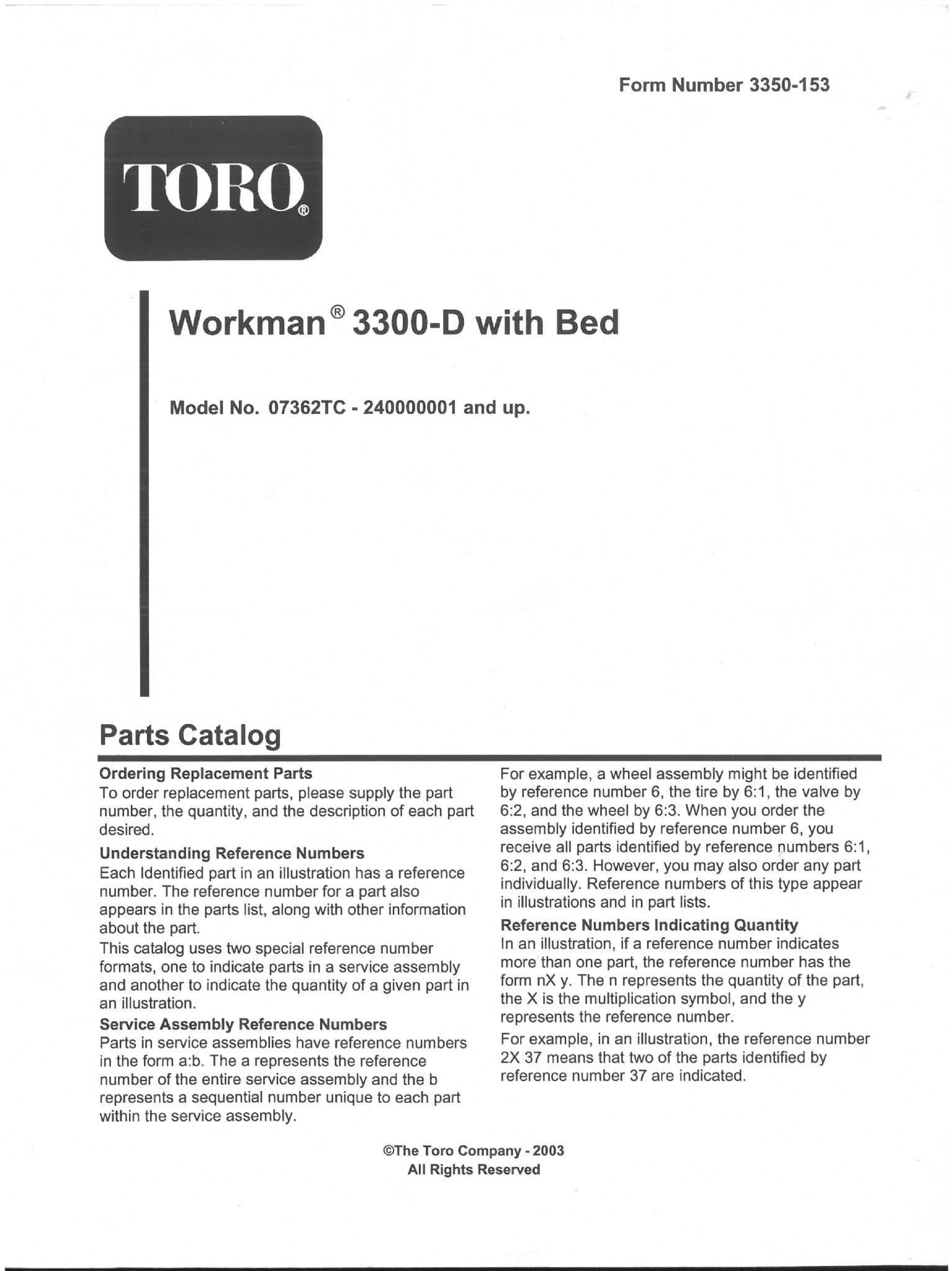 Toro Workman 3300-D With Bed  Parts Manual