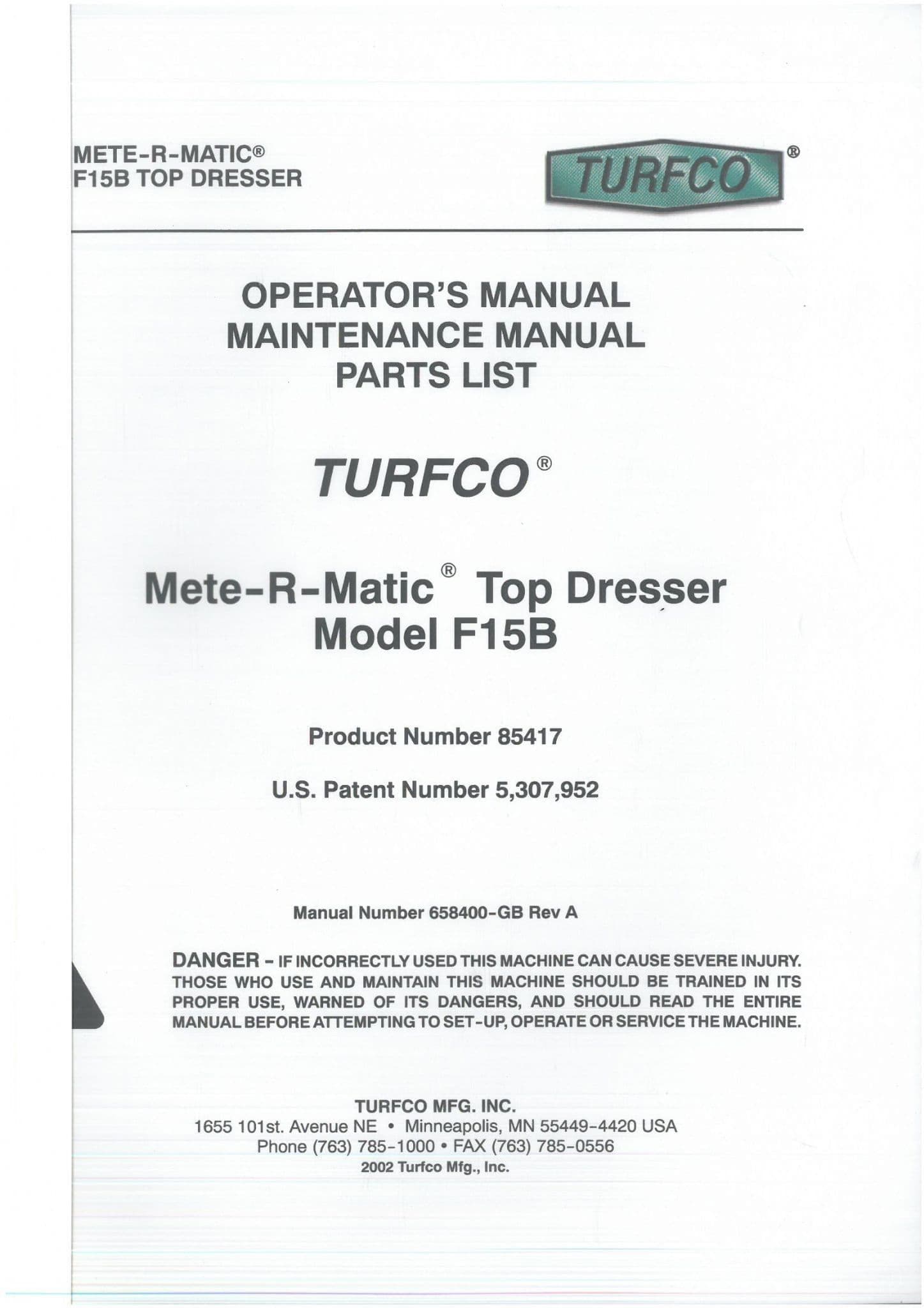 TurfCo Mete-R-Matic Top Dresser F15B Operators Manual and Spare Parts List