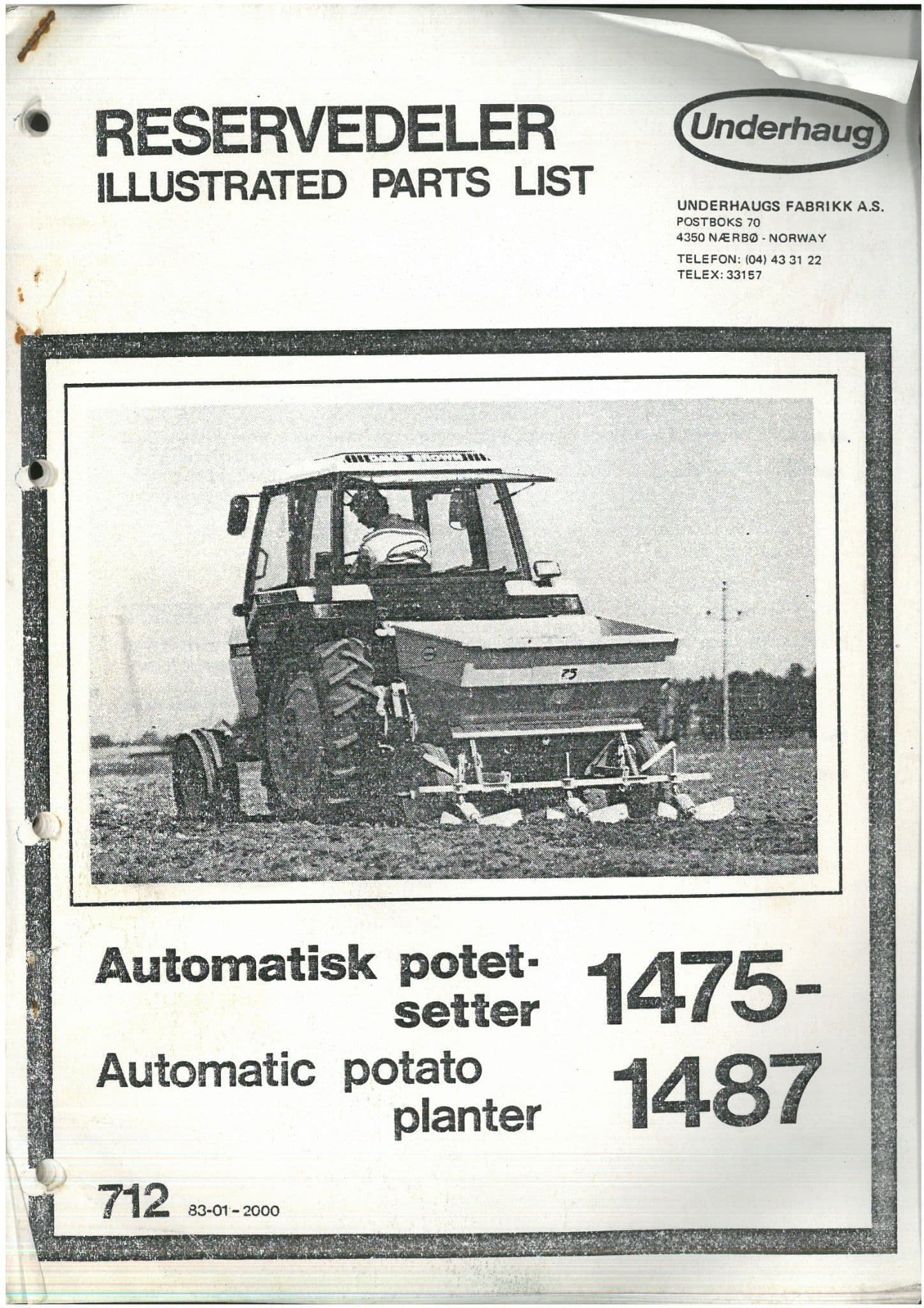Underhaug Automatic Potato Planter 1475 - 1487 Parts Manual