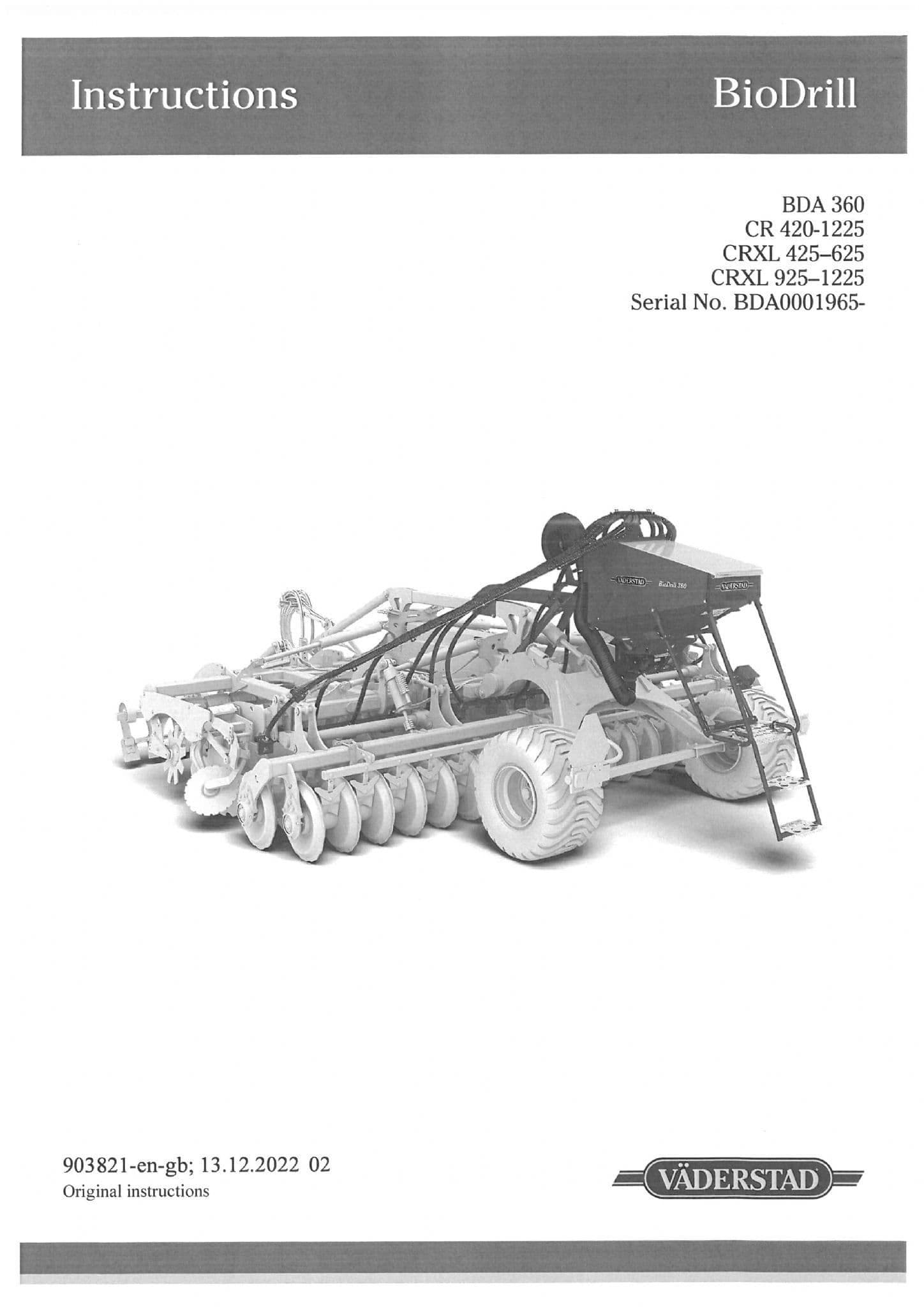 Vaderstad BioDrill BDA360 Operators Manual