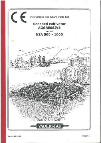 Vaderstad Cultivator NZA500 NZA600 NZA700 NZA800 NZA900 NZA1000 Operators Manual and Parts List