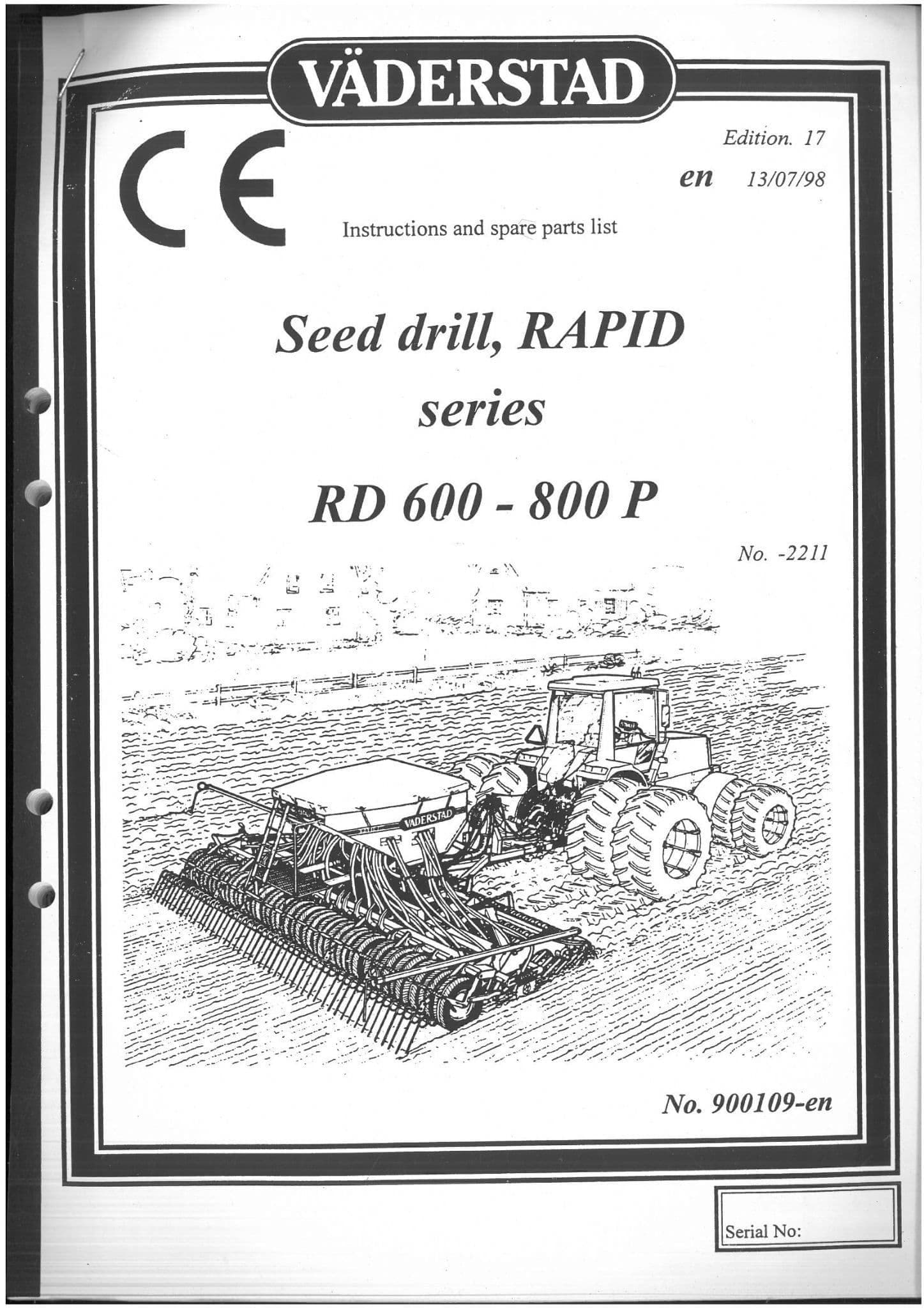 Vaderstad Seed Rotation Sensor Vaderstad Seed Drill Rapid Series RD600P & RD800POperators Manual RD ...