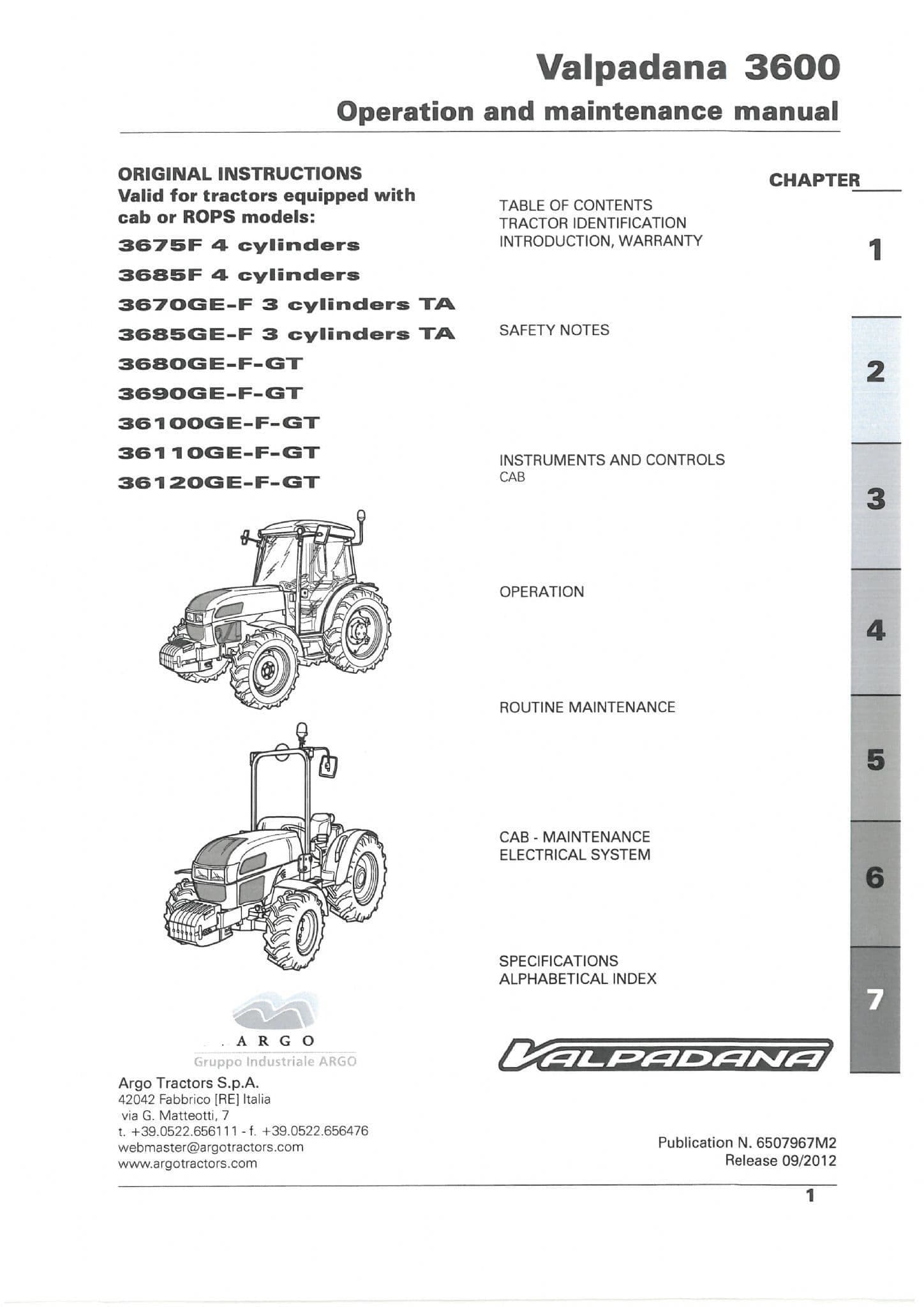 Valpadana Tractor 36100F 36100GE 36100GT 36110F 36110GE 36110GF 36120F 36120GE Operators Manual