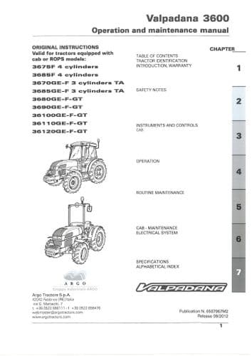 Valpadana Tractor 36100F 36100GE 36100GT 36110F 36110GE 36110GF 36120F 36120GE Operators Manual