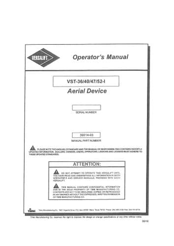 Versalift Aerial Device Cherry Picker VST36 VST40 VST47 VST52-I Operators Manual