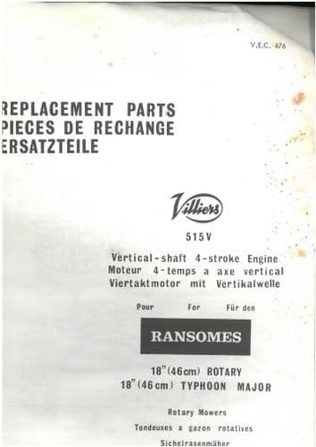 Villeirs Engine 515V Vertical Shaft, 4 Stroke for Ransomes Typhoon Major 18 Inch Rotary Mower Manual