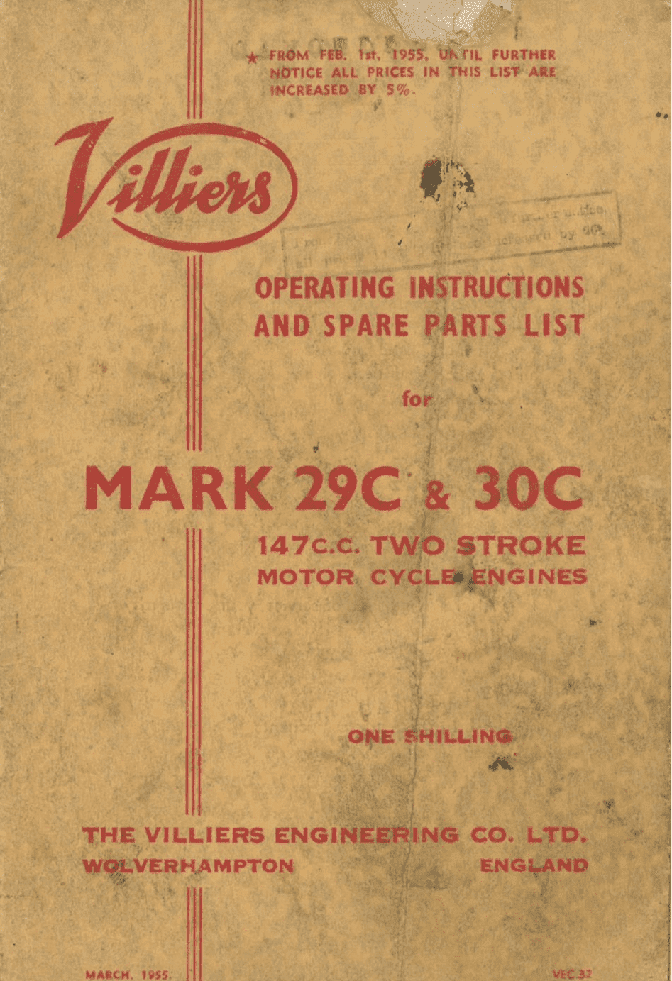 Villier Two Stroke Engine  Mk 29C 30C Operators Manual with Parts List