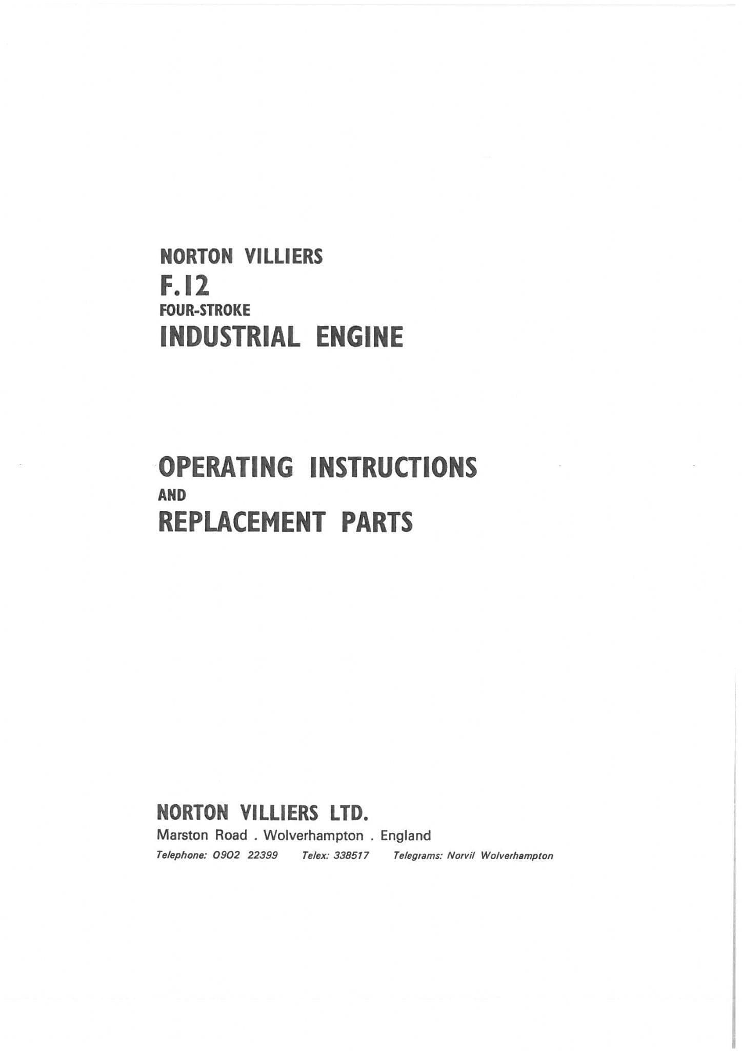 Villiers Industrial Engine F.12 Four Stroke Operators Manual with Parts List - F12