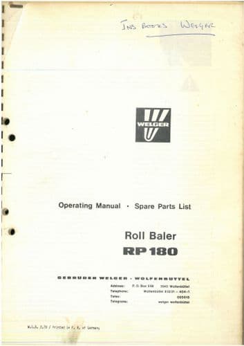Welger Roll Baler RP180 Operators Manual & Parts List - RP 180