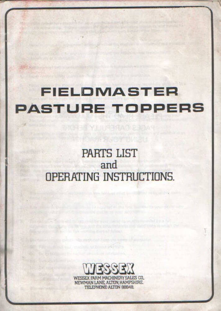 Wessex Fieldmaster Pasture Topper Operators Manual with Parts List