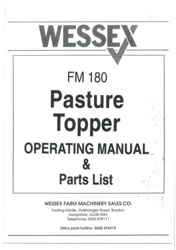 Wessex Pasture Topper FM180 Operators Manual with Parts List FM 180