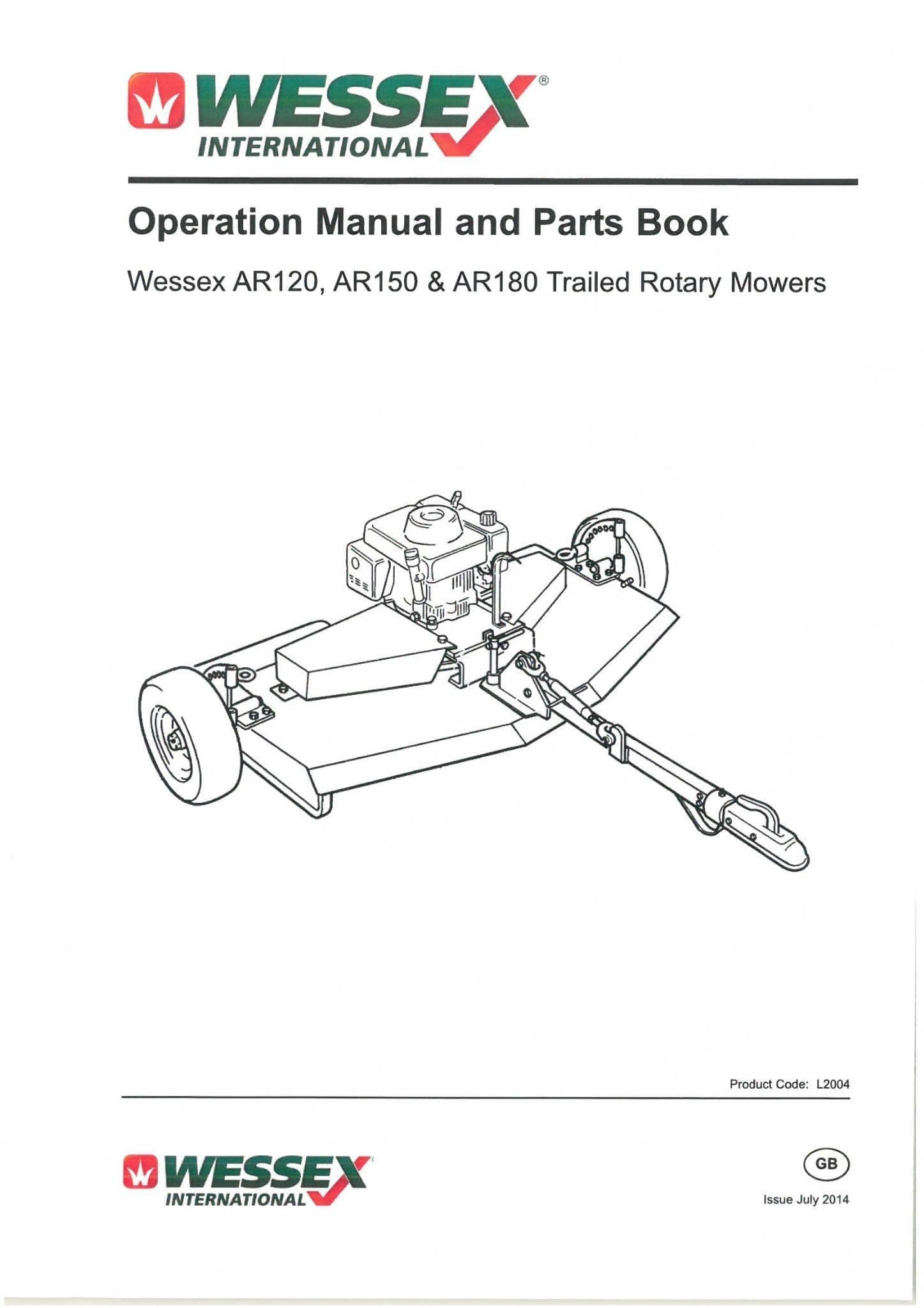 Wessex Trailed Rotary Mower AR120 AR150 AR180 -  Quad Bike (ATV) Operators Manual with Parts List