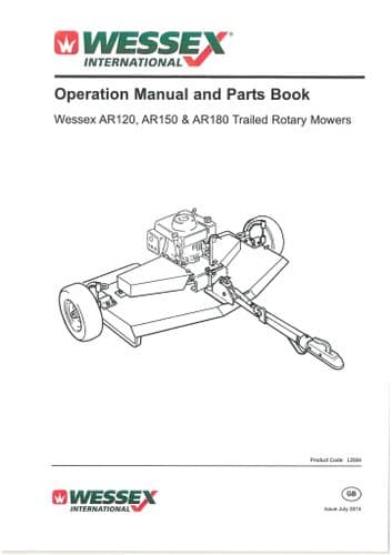 Wessex Trailed Rotary Mower AR120 AR150 AR180 -  Quad Bike (ATV) Operators Manual with Parts List
