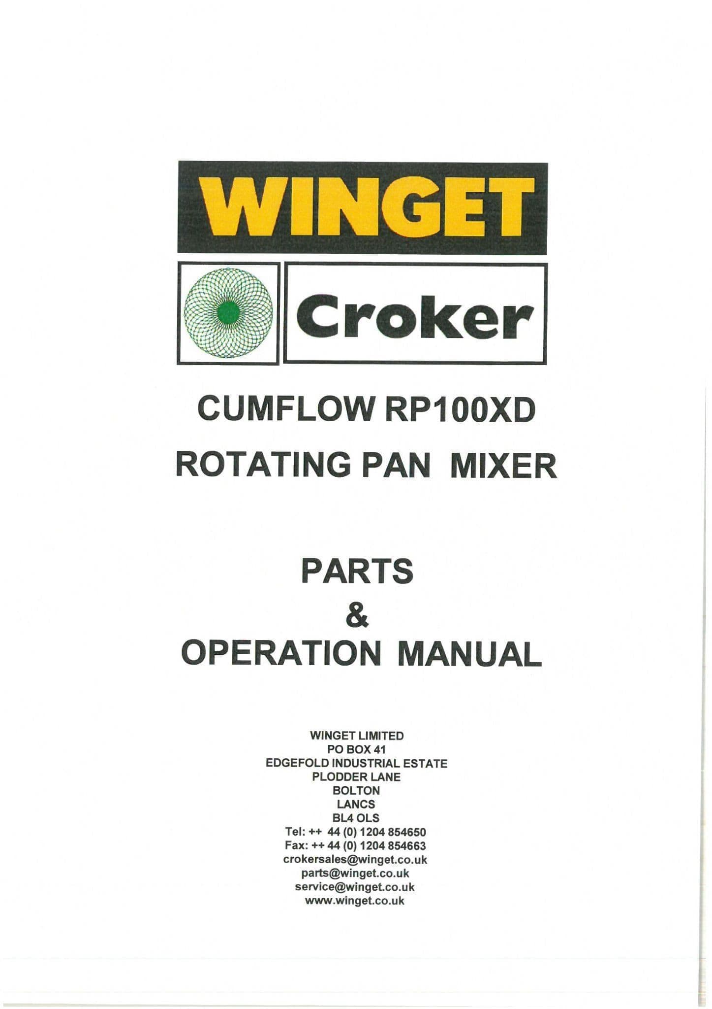 Winget Crocker Rotating Pan Mixer Cumflow RP100XD Operators Manual and Spare Parts List