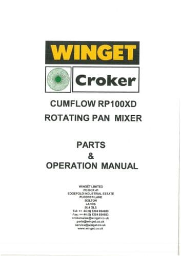 Winget Crocker Rotating Pan Mixer Cumflow RP100XD Operators Manual and Spare Parts List