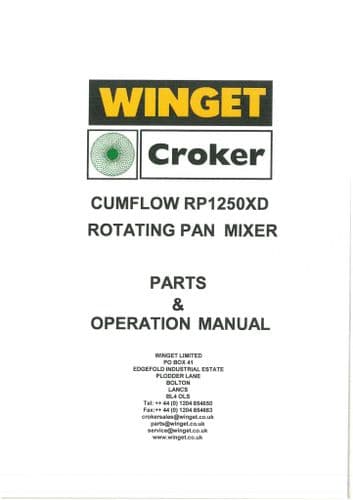 Winget Crocker Rotating Pan Mixer Cumflow RP1250XD Operators Manual and Spare Parts List