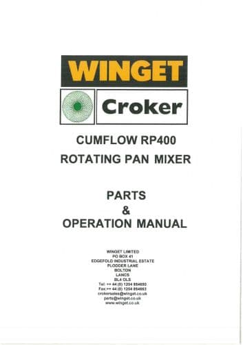 Winget Crocker Rotating Pan Mixer Cumflow RP400 Operators Manual and Spare Parts List