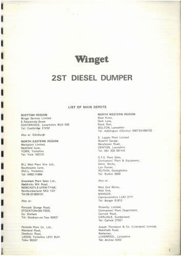 Winget Diesel Dumper 2ST Operators Manual including Parts list