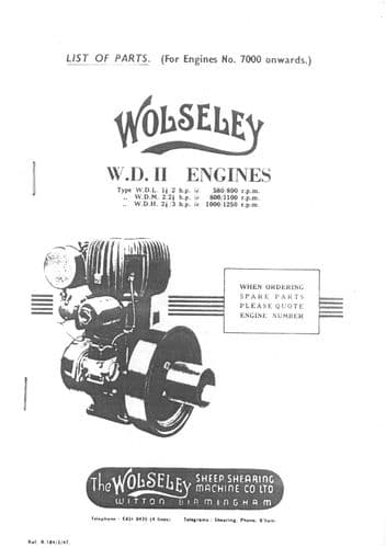 Wolseley Engine WDII Type WDL  1.5-3 HP, WDM 2-2.5 HP & WDH 2.5-3 HP Parts Manual