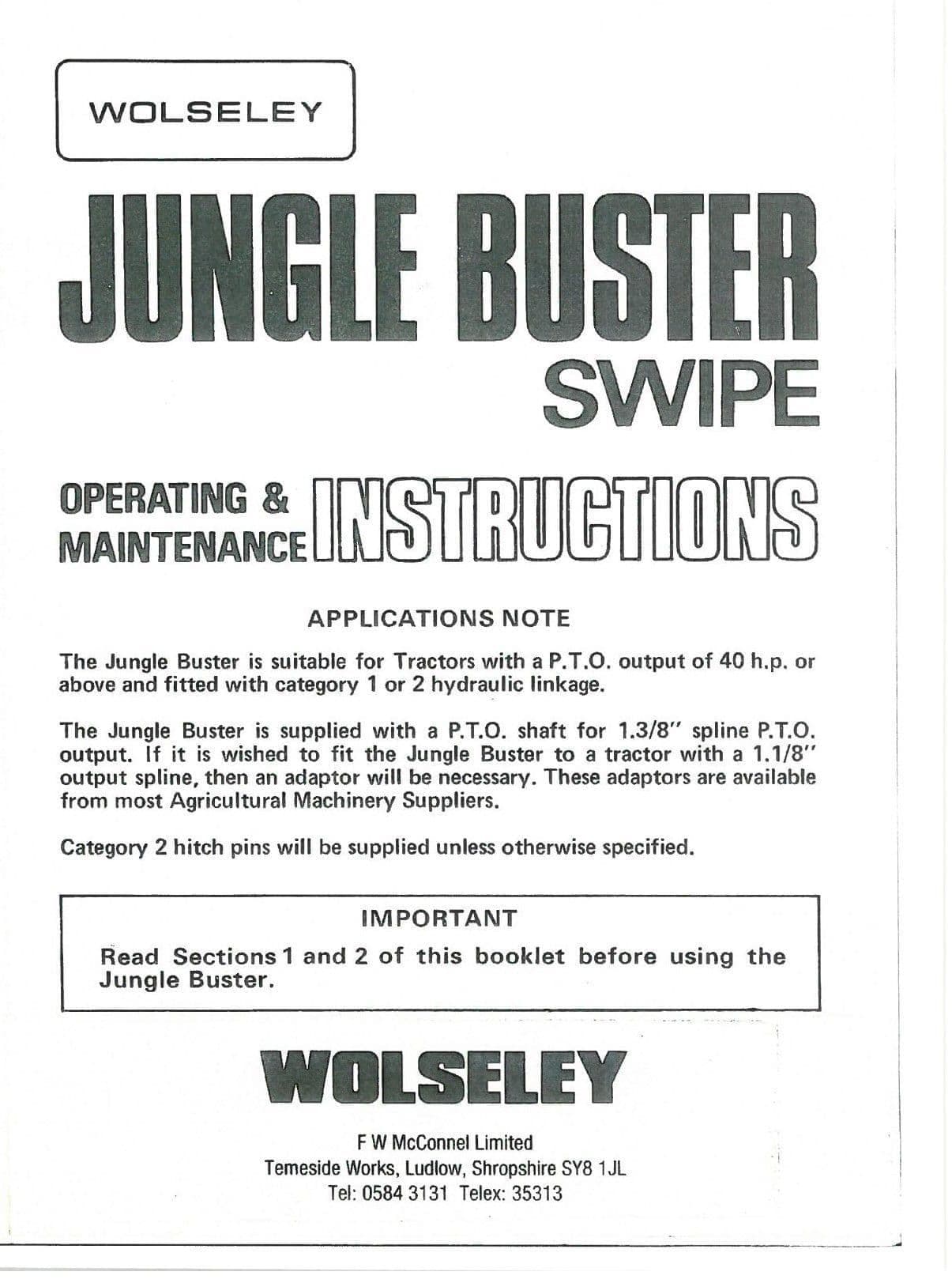 Wolseley Pasture Topper Jungle Buster Swipe Operators Manual