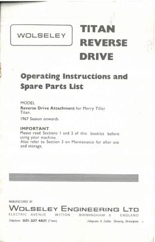 Wolseley Rotary Cultivator Merry Tiller Titan Reverse Drive Operators Manual and Spare Parts List