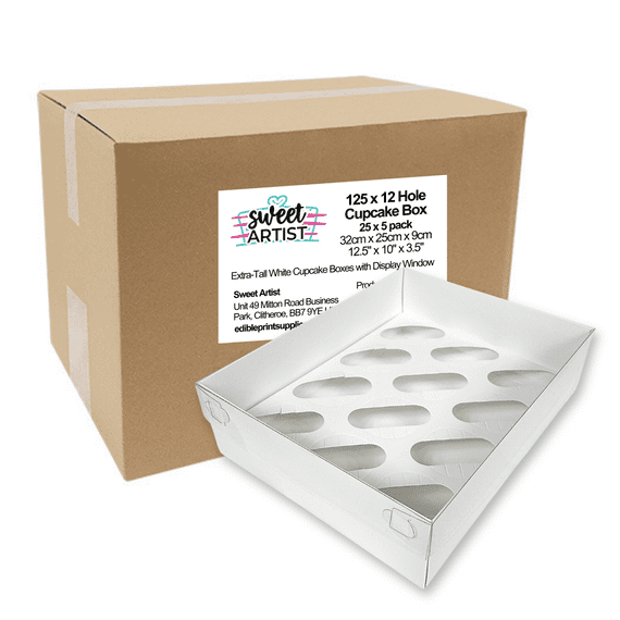 White 12-Hole Cupcake Boxes with Clear Lids (Extra-Tall, 90mm) - Pack of 5 - Holds 12 Cupcakes