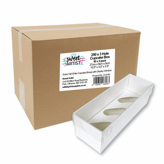 White Cupcake Box with Clear Lid (Extra-Tall, 90mm) - Pack of 5 - Holds 3 Cupcakes