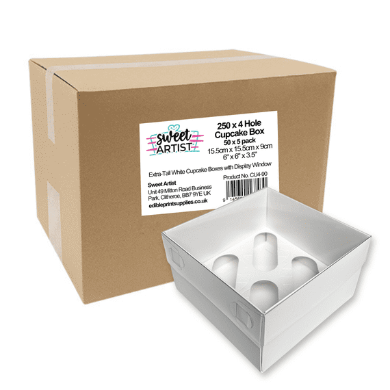 White Cupcake Box with Clear Lid (Extra-Tall, 90mm) - Pack of 5 - Holds 3 Cupcakes