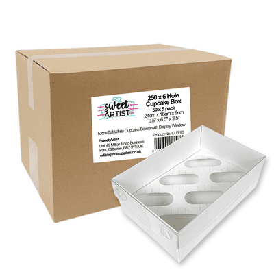 BULK OFFER - 250 x Extra-Tall White Cupcake Boxes with Clear Lid (Holds 6) - 50 x Packs of 5